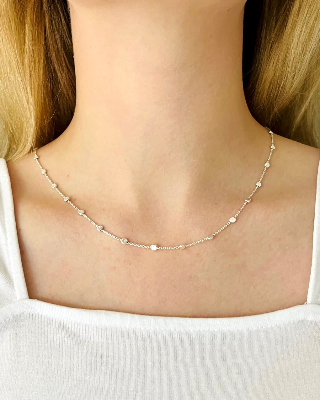 Dainty Sterling Silver Beaded Necklace, Silver Beads Bar Necklace