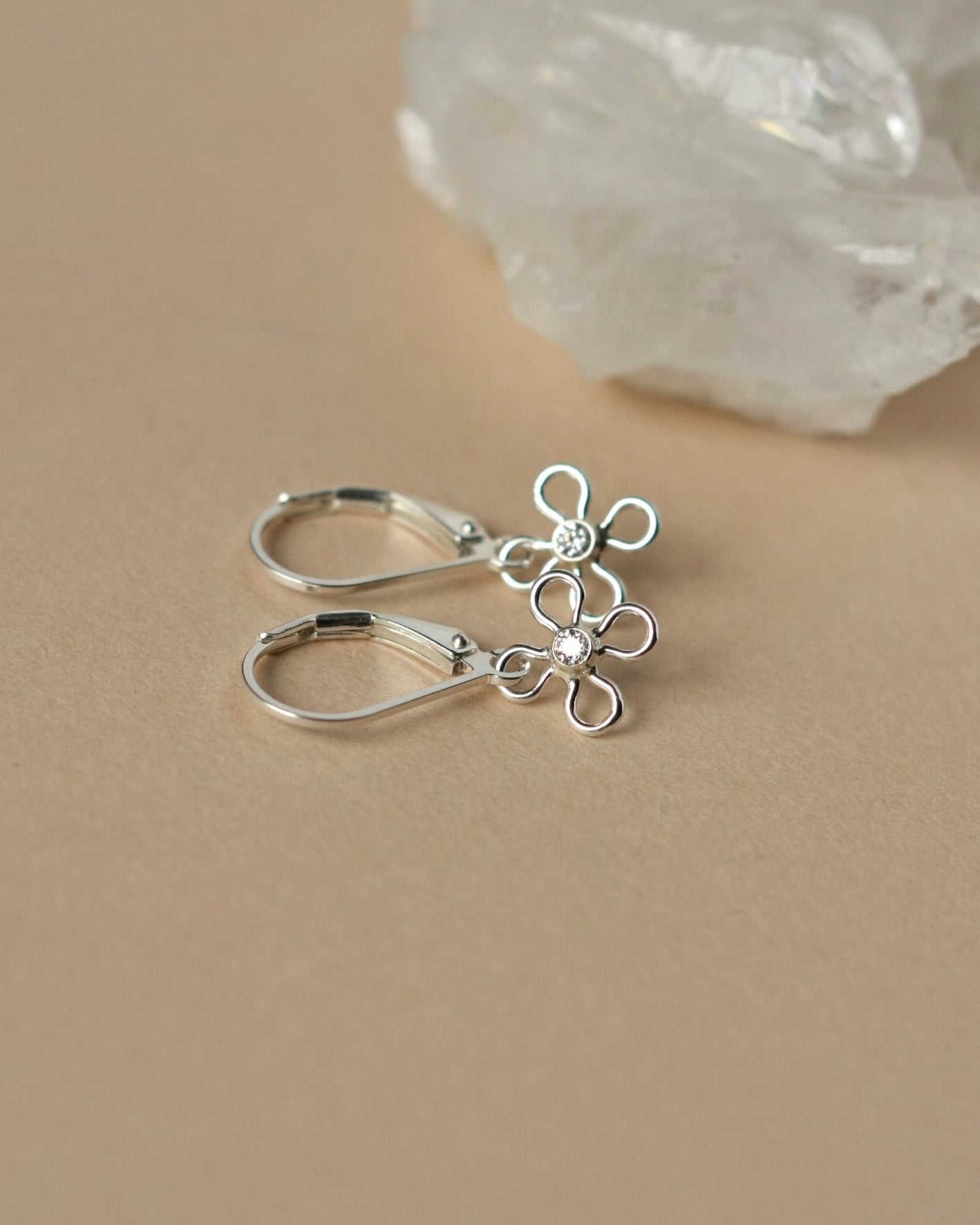 Sterling Silver CZ Flower Lever Back Earrings – julie garland jewelry