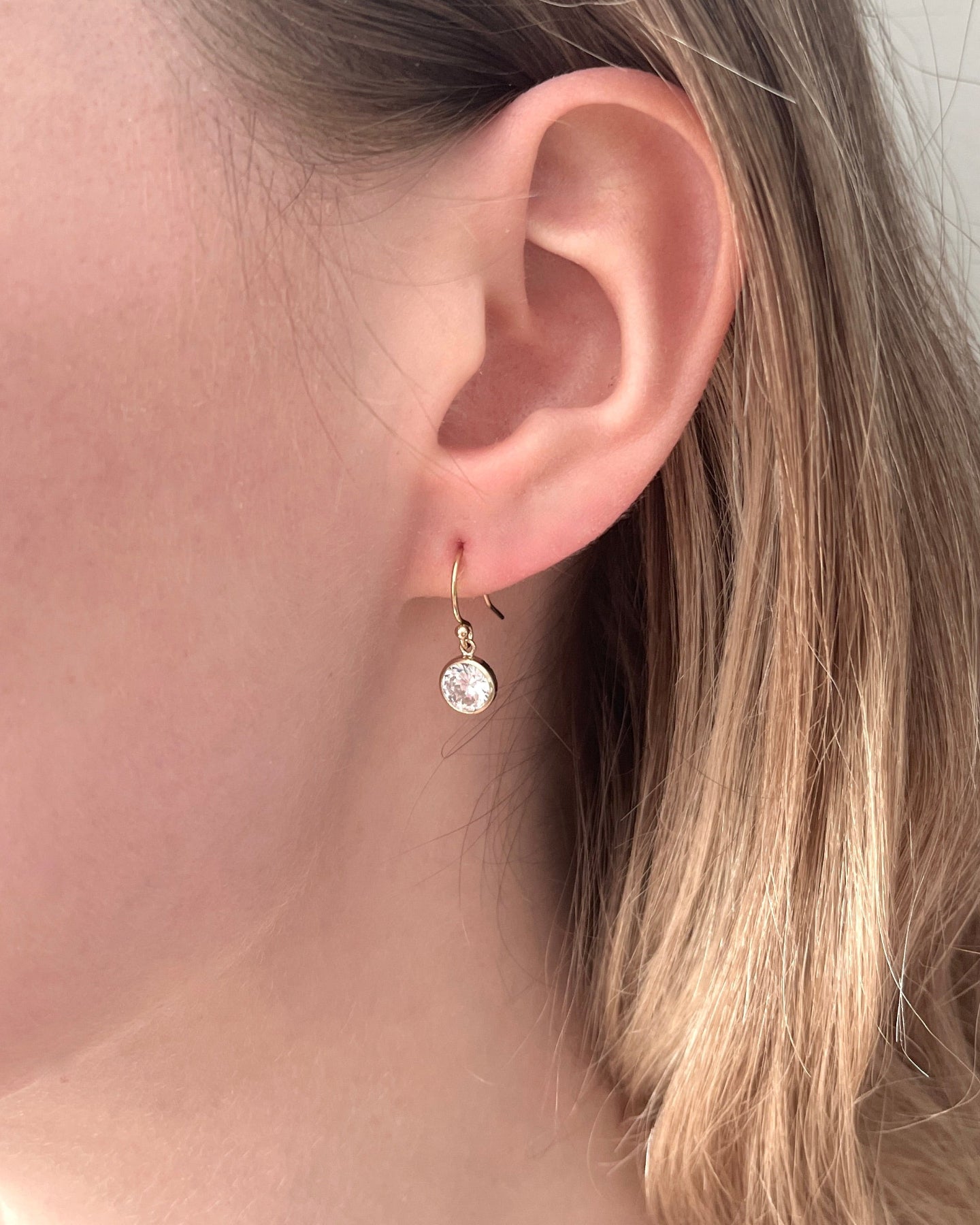 Gold Round Solitaire CZ Dangle Earrings
