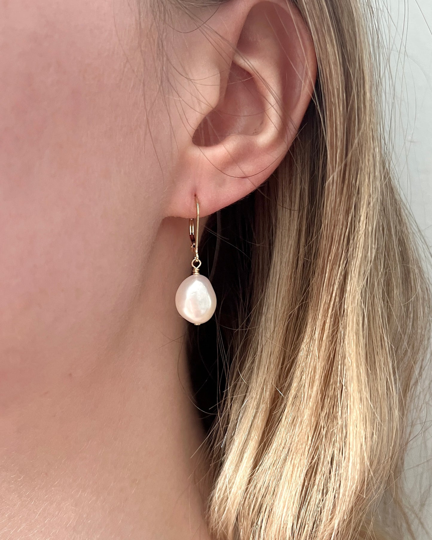 Gold Cream Baroque Pearl Lever Back Dangle Earrings