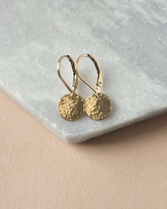 Hammered Gold Disc Lever Back Earrings