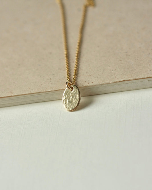Small Gold Hammered Oval Disc Necklace
