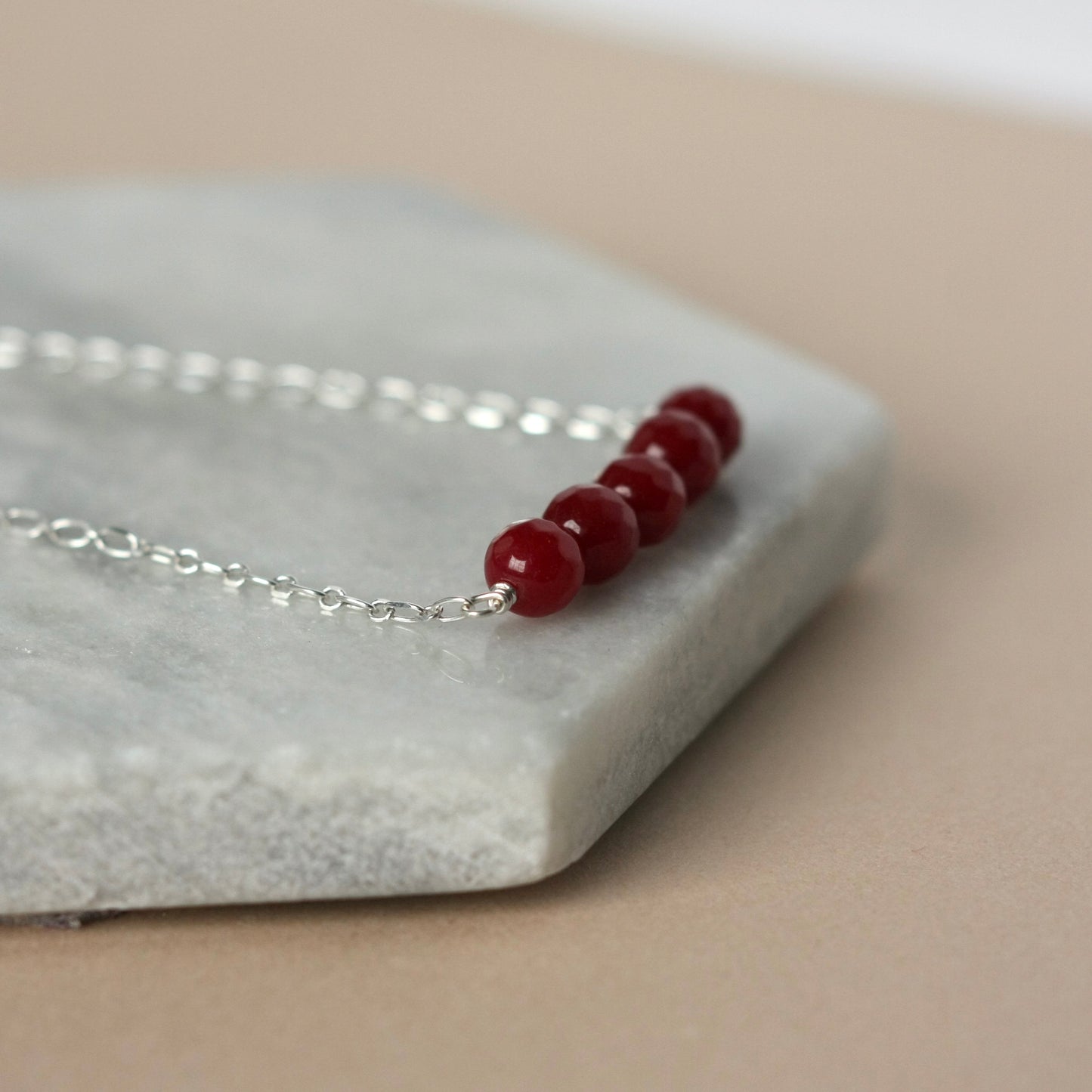 Sterling Silver Red Jade Bead Necklace