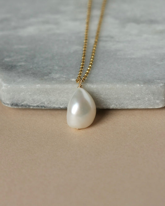 Gold Baroque Pearl Solitaire Necklace