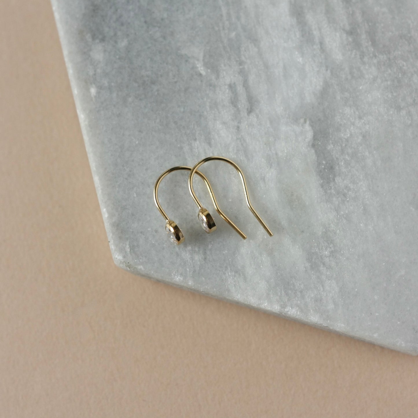 Round Gold CZ Solitaire Drop Earrings