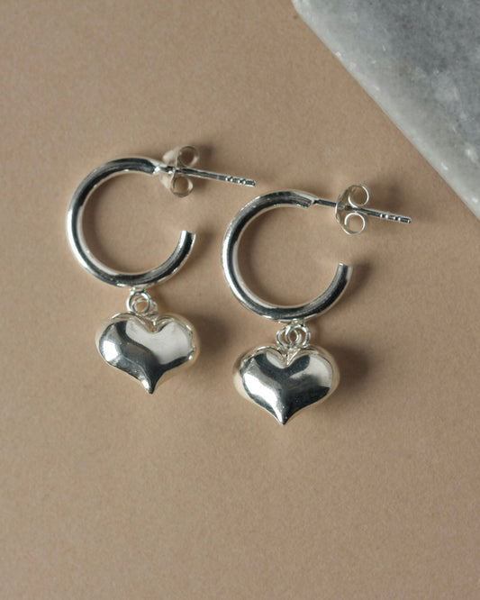 Small Sterling Silver Hoops with Heart Dangles