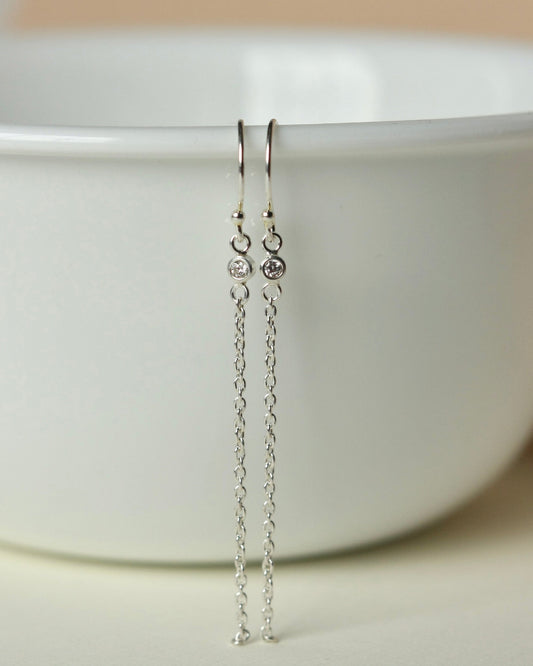 Sterling Silver Tiny CZ Chain Dangle Earrings