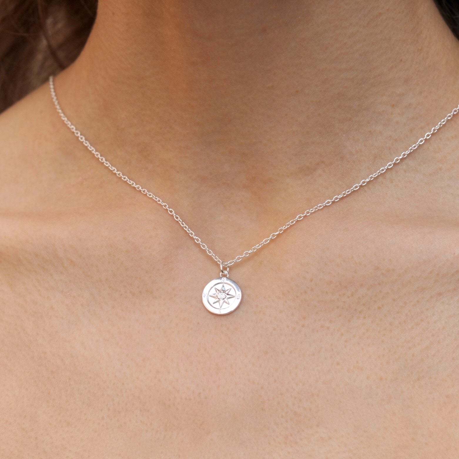 Sterling Silver Compass Coin Necklace