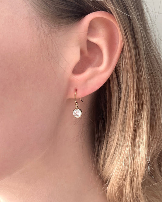Gold Round Solitaire CZ Dangle Earrings