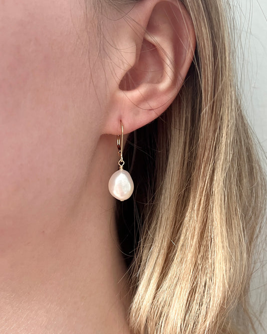 Gold Cream Baroque Pearl Lever Back Dangle Earrings