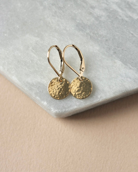 Hammered Gold Disc Leverback Earrings