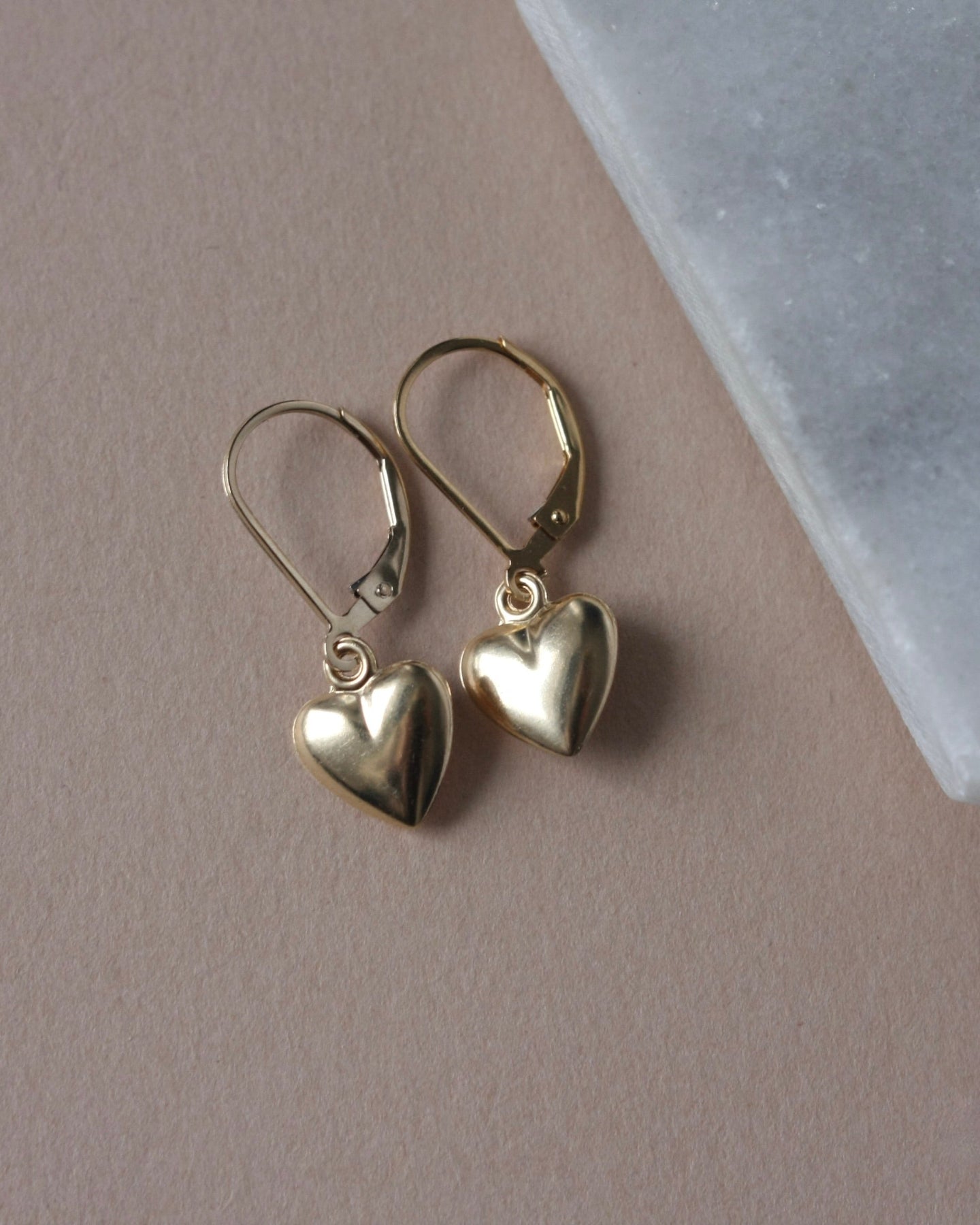 Gold Heart Lever Back Dangle Earrings