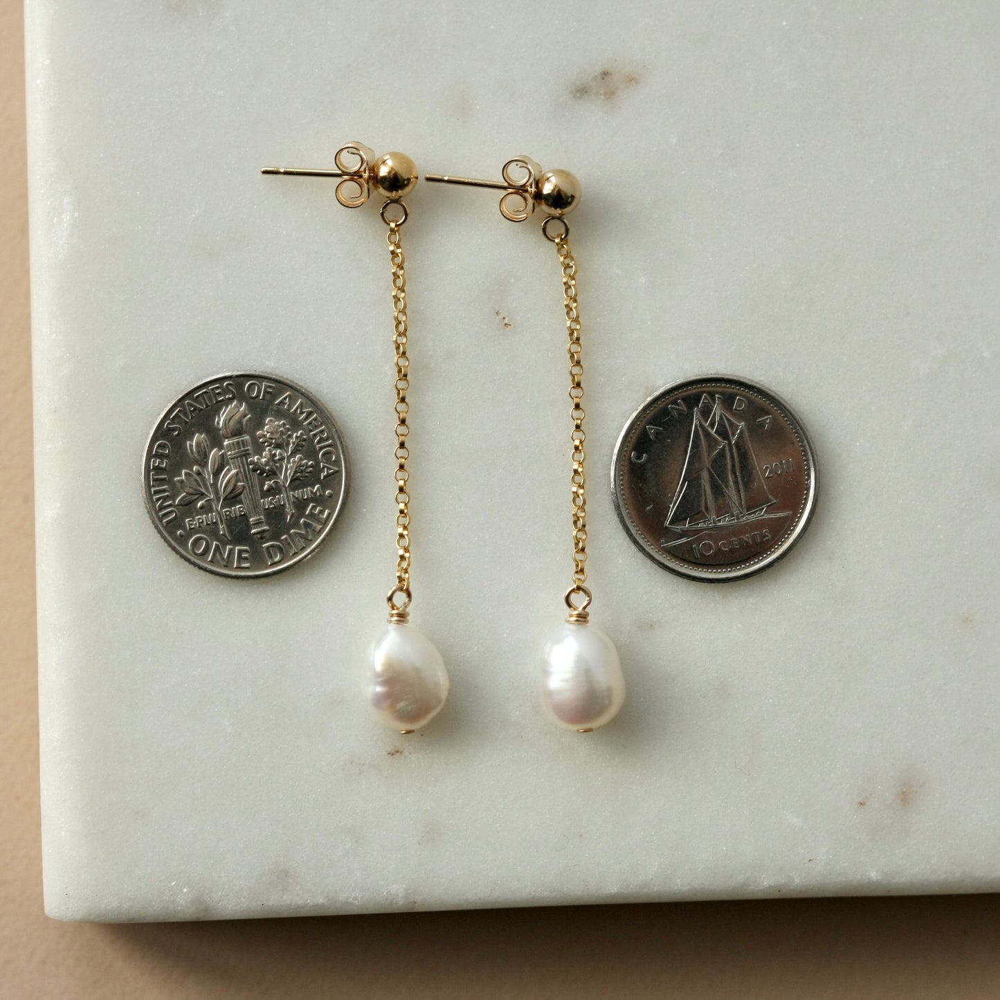 Long Pearl and Gold Chain Earrings
