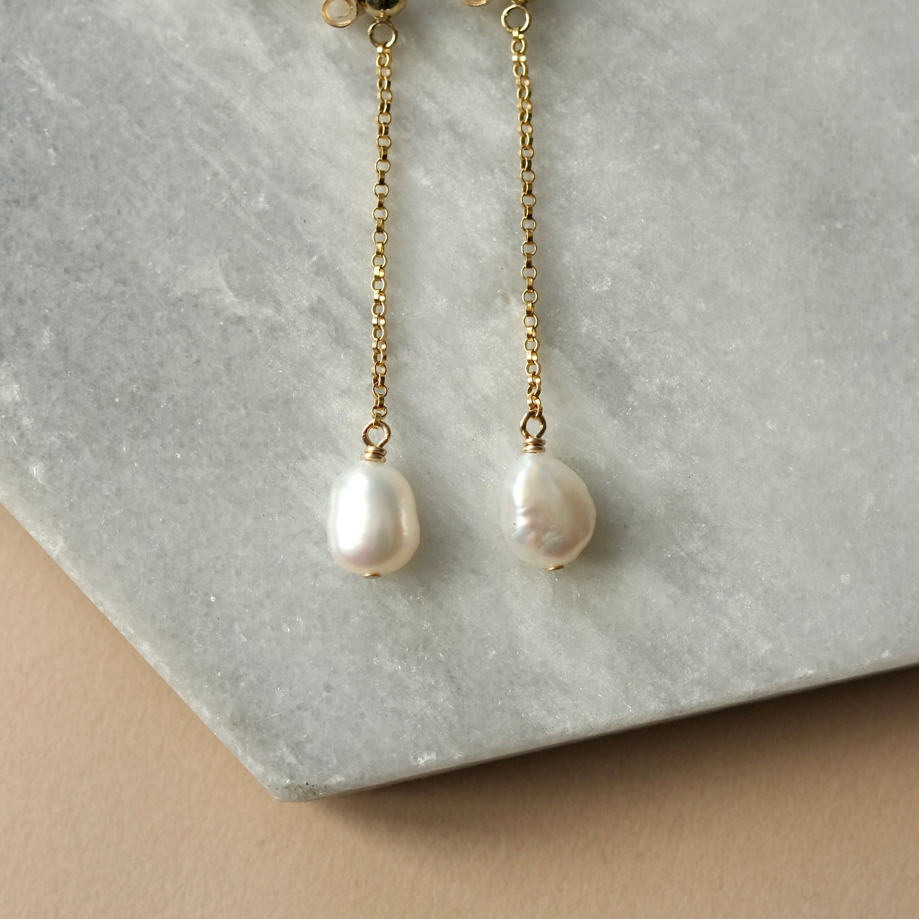 Long Pearl and Gold Chain Earrings
