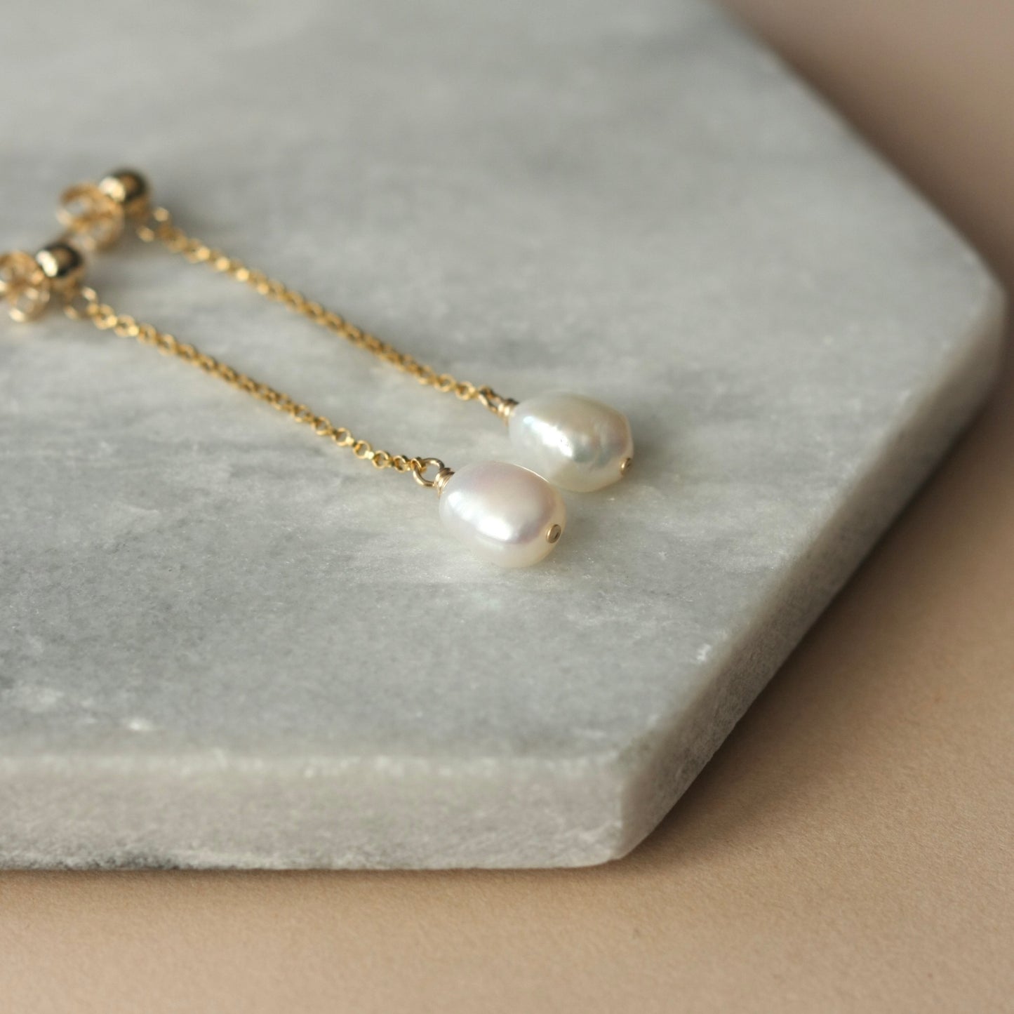 Long Pearl and Gold Chain Earrings