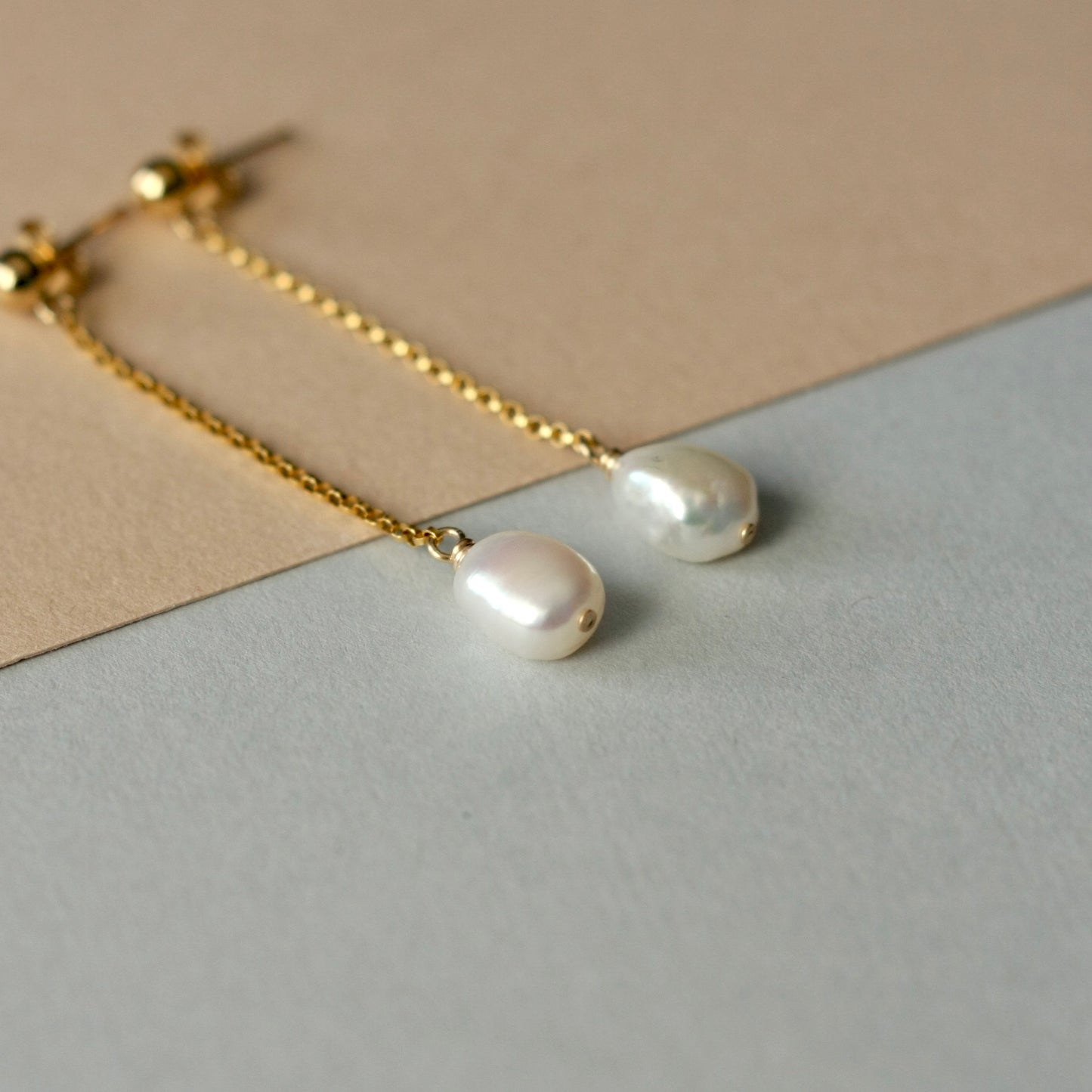 Long Pearl and Gold Chain Earrings