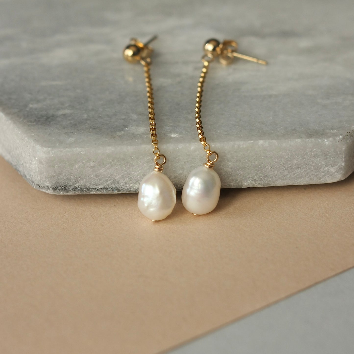 Long Pearl and Gold Chain Earrings
