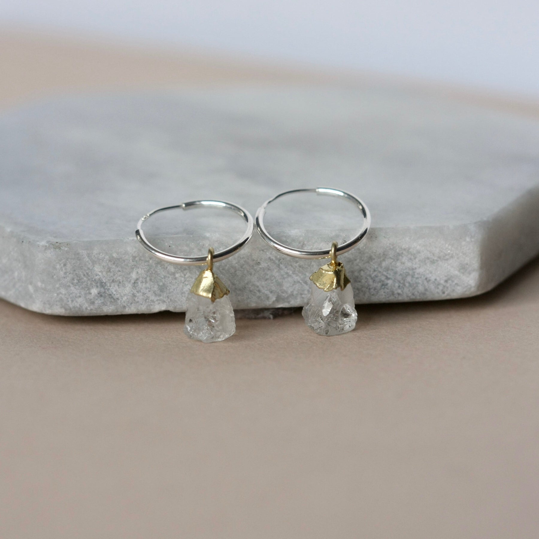 Mixed Metal Quartz Hoop Dangle Earrings