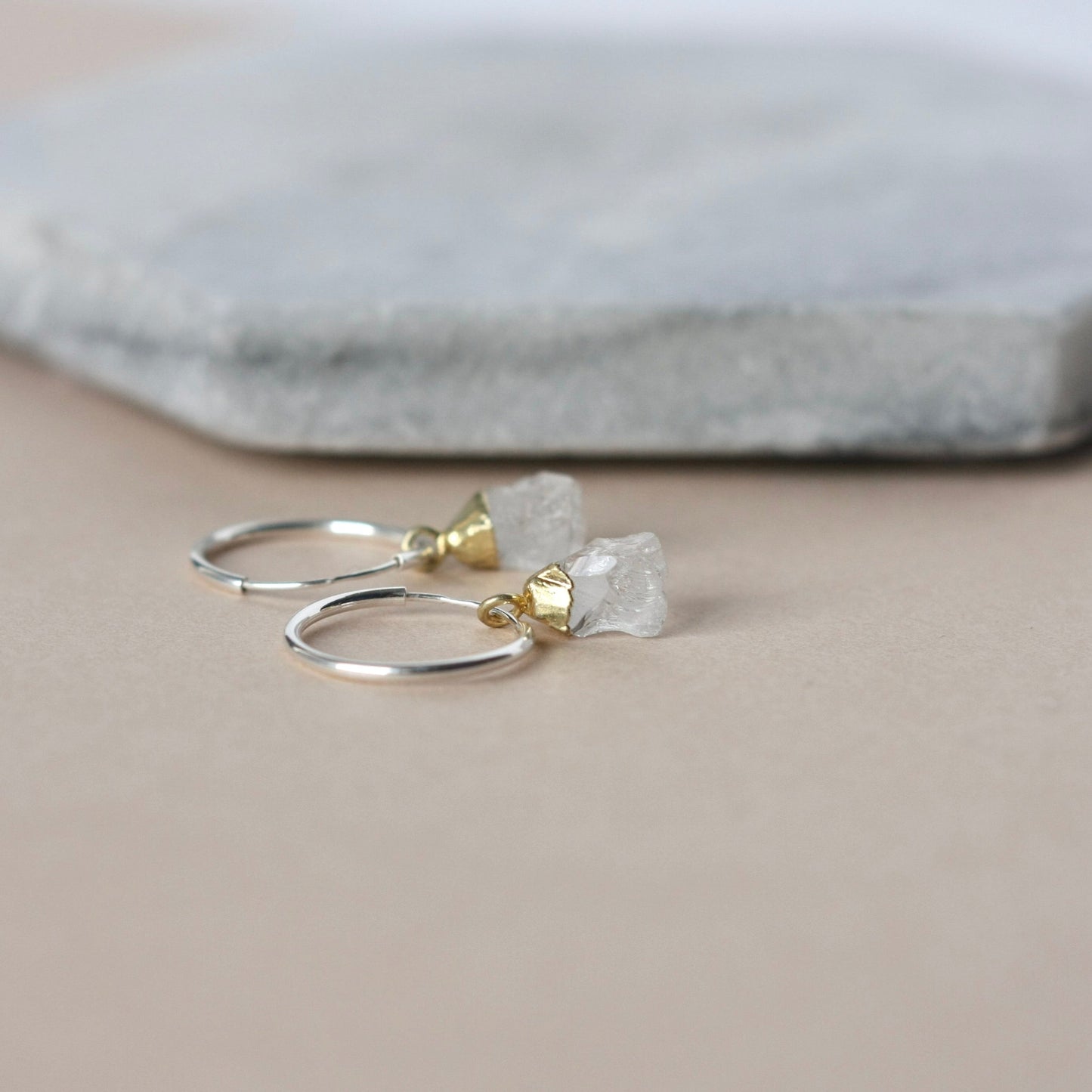 Mixed Metal Quartz Hoop Dangle Earrings