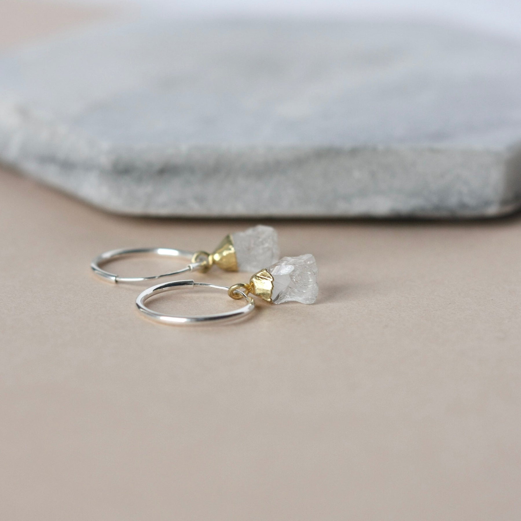 Mixed Metal Quartz Hoop Dangle Earrings