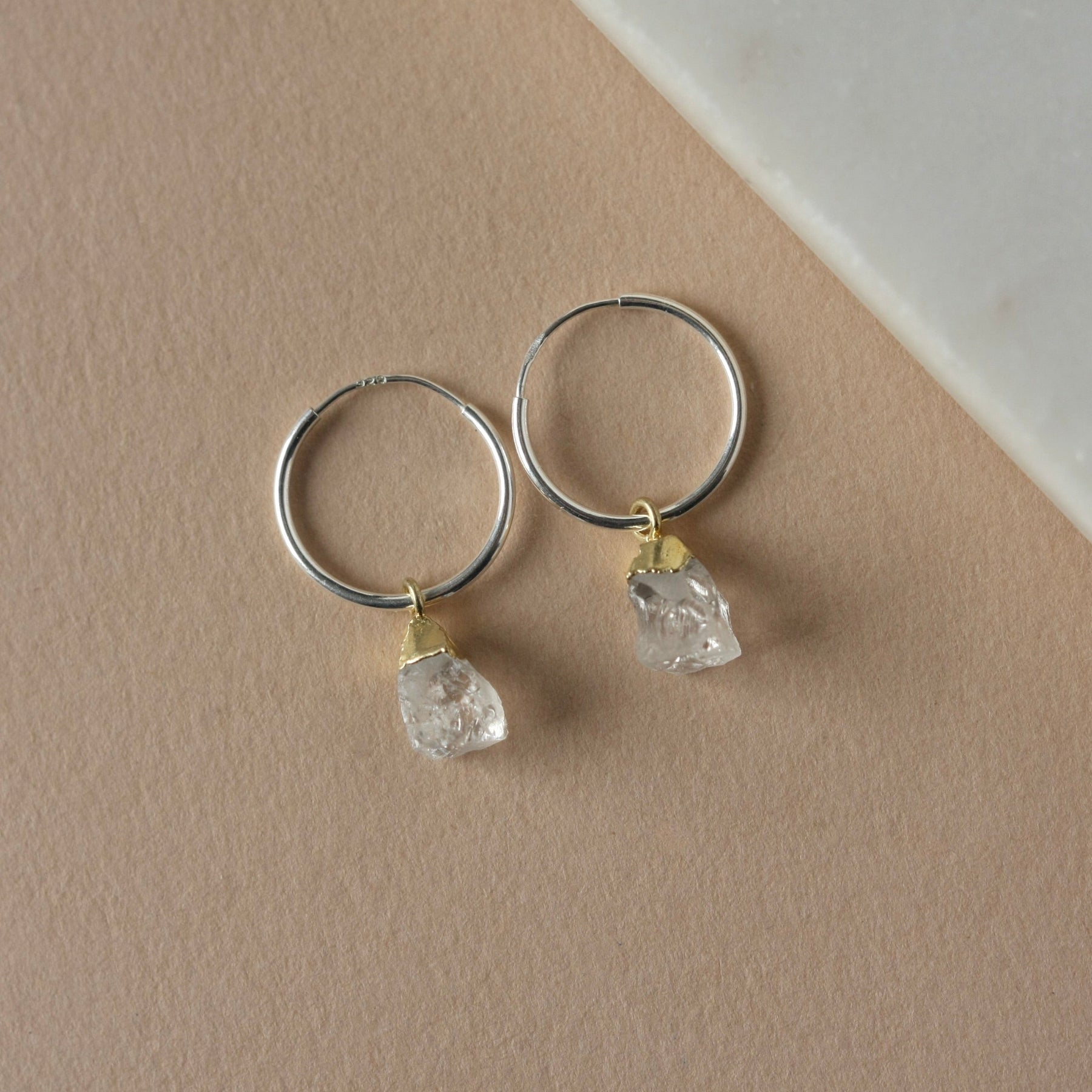 Mixed Metal Quartz Hoop Dangle Earrings