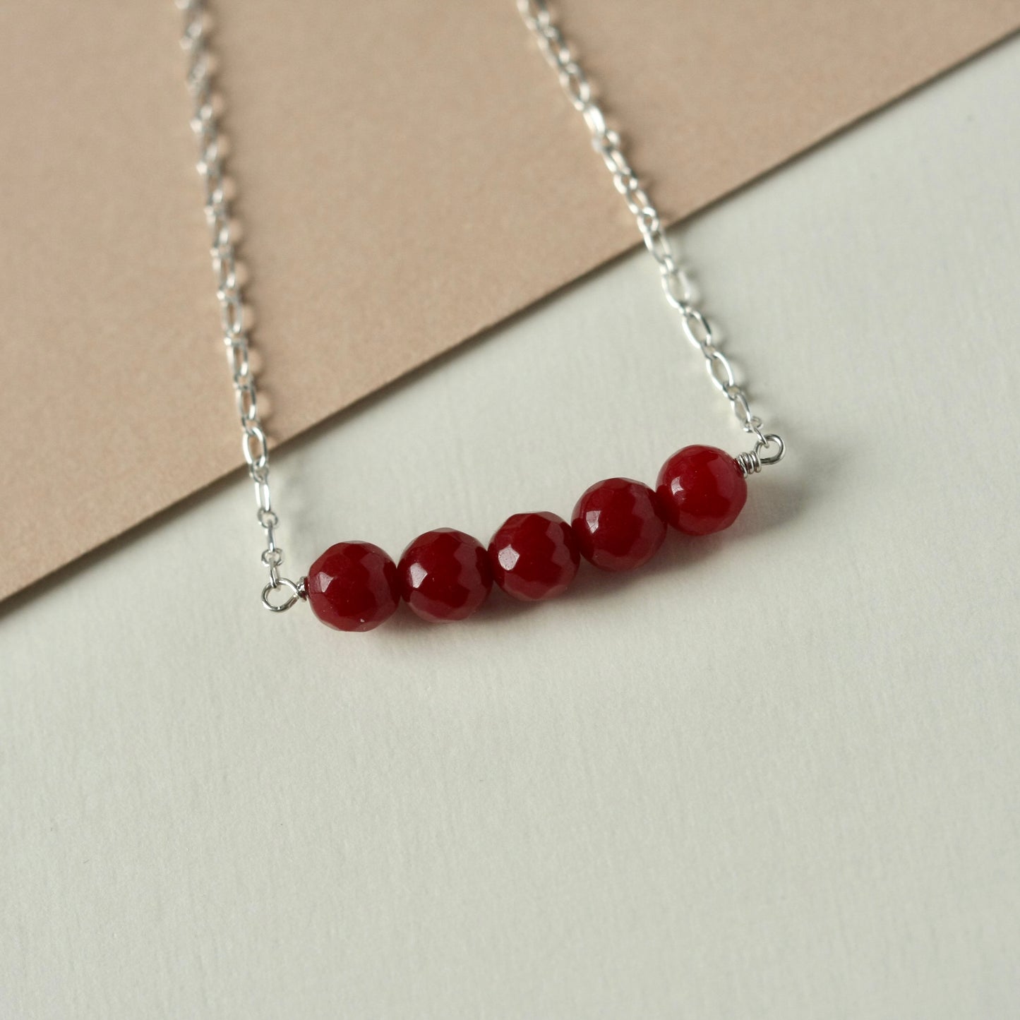 Sterling Silver Red Jade Bead Necklace