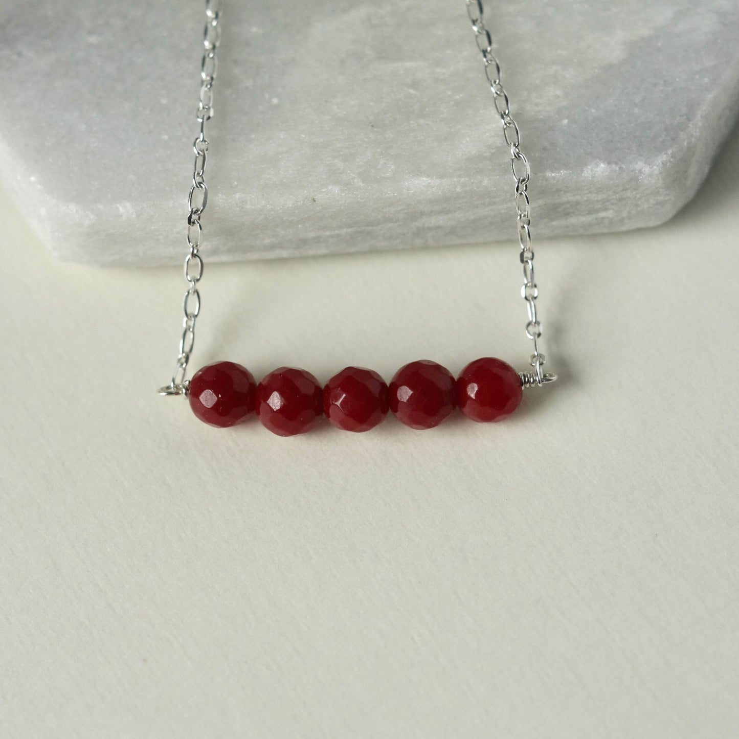 Sterling Silver Red Jade Bead Necklace