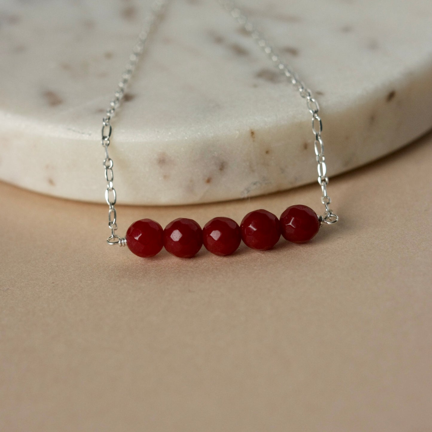 Sterling Silver Red Jade Bead Necklace