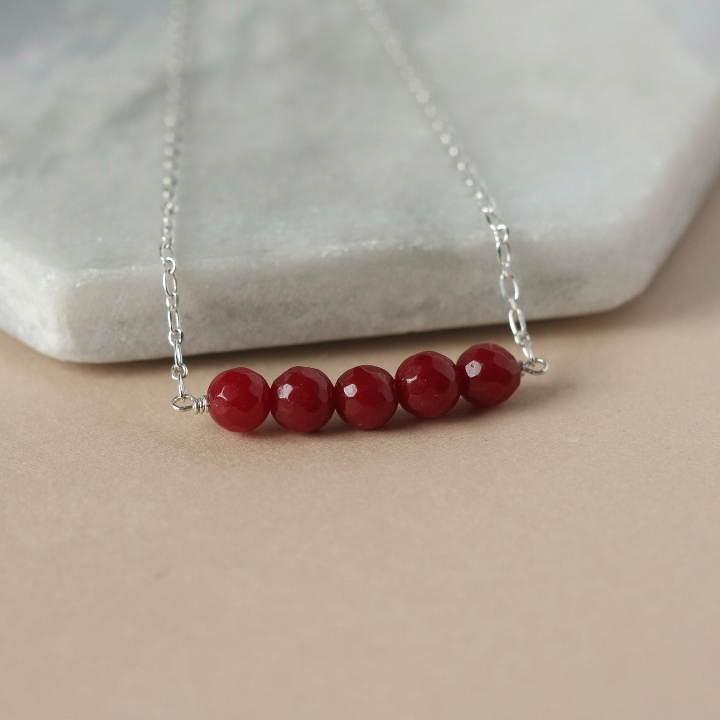 Sterling Silver Red Jade Bead Necklace