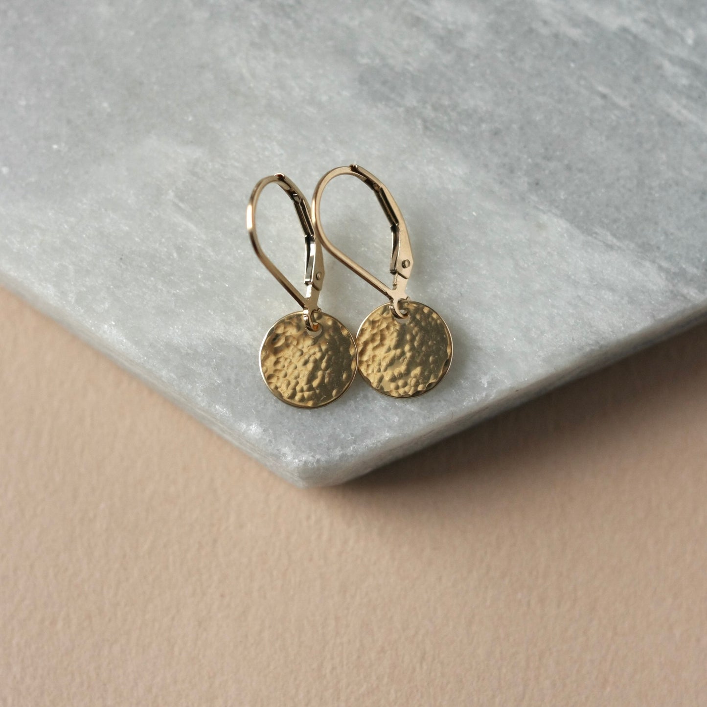 Hammered Gold Disc Leverback Earrings