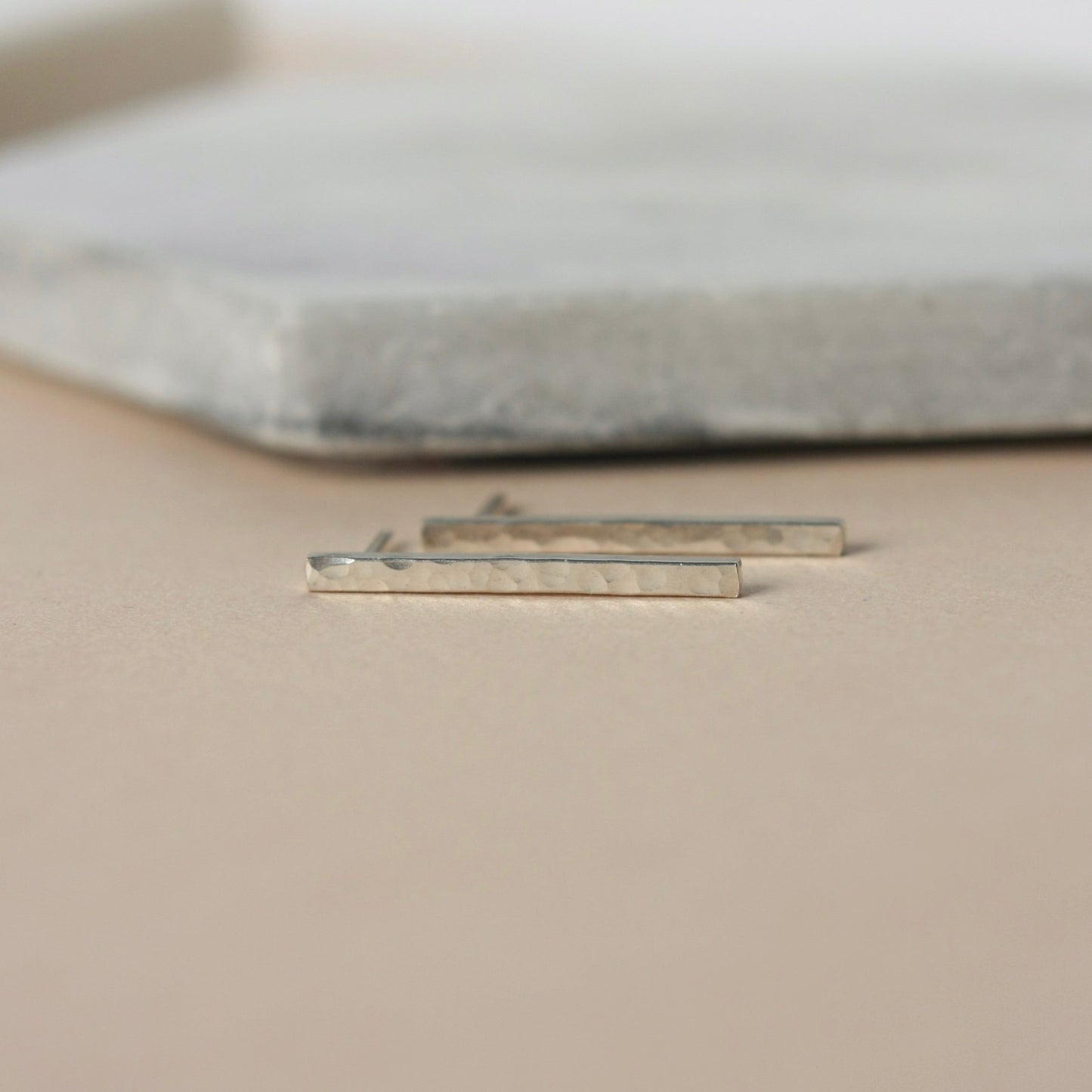 Long Hammered Sterling Silver Bar Studs