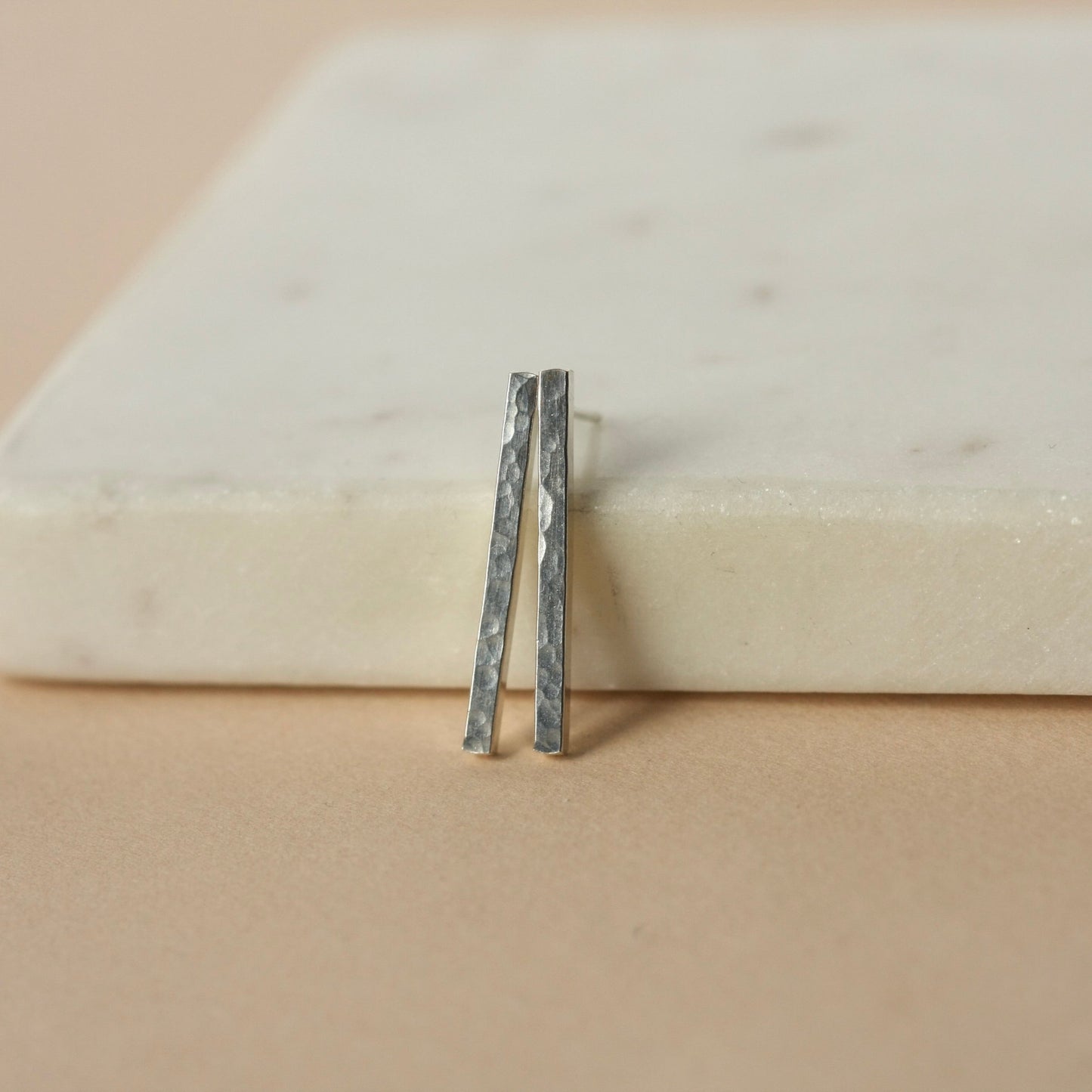 Long Hammered Sterling Silver Bar Studs