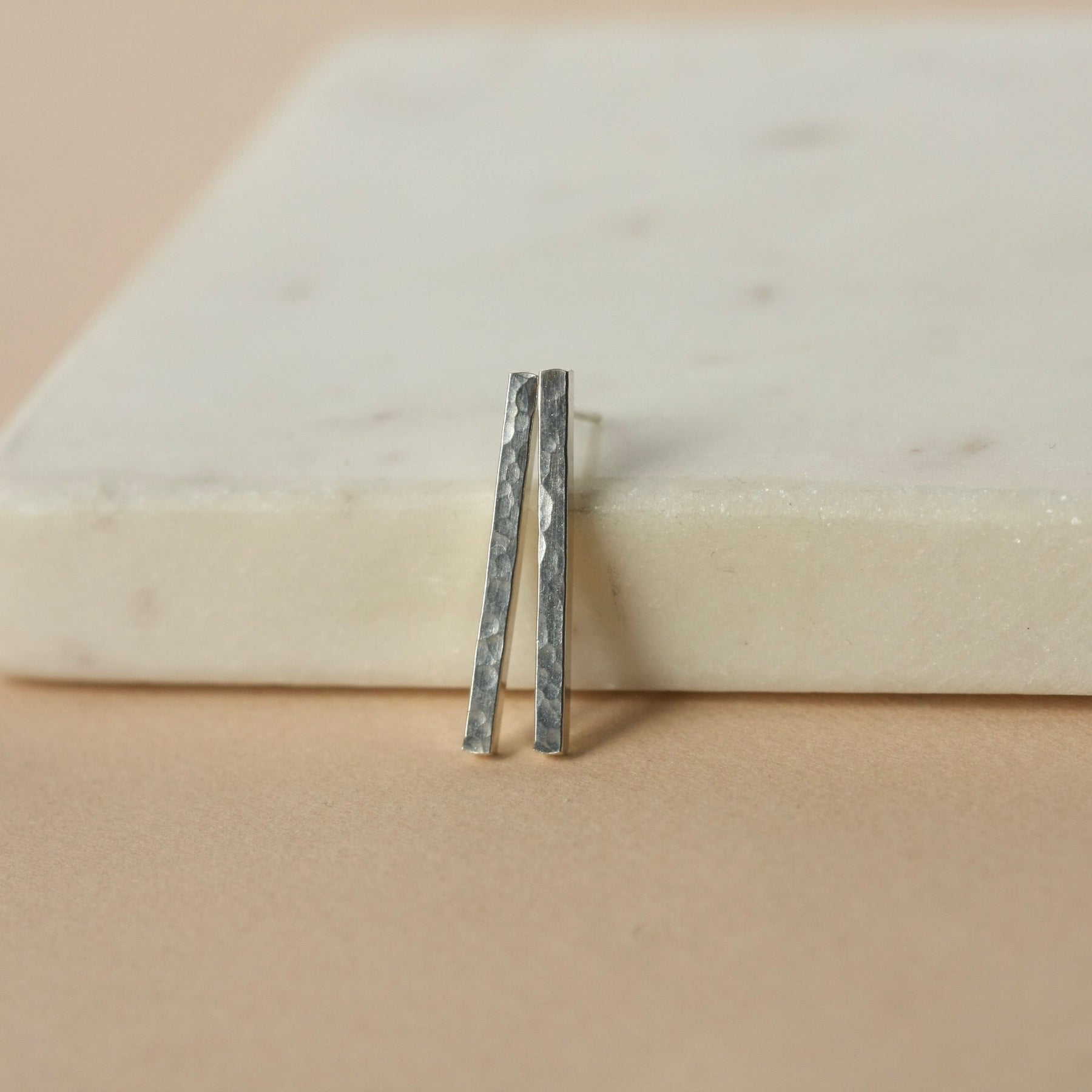 Long Hammered Sterling Silver Bar Studs