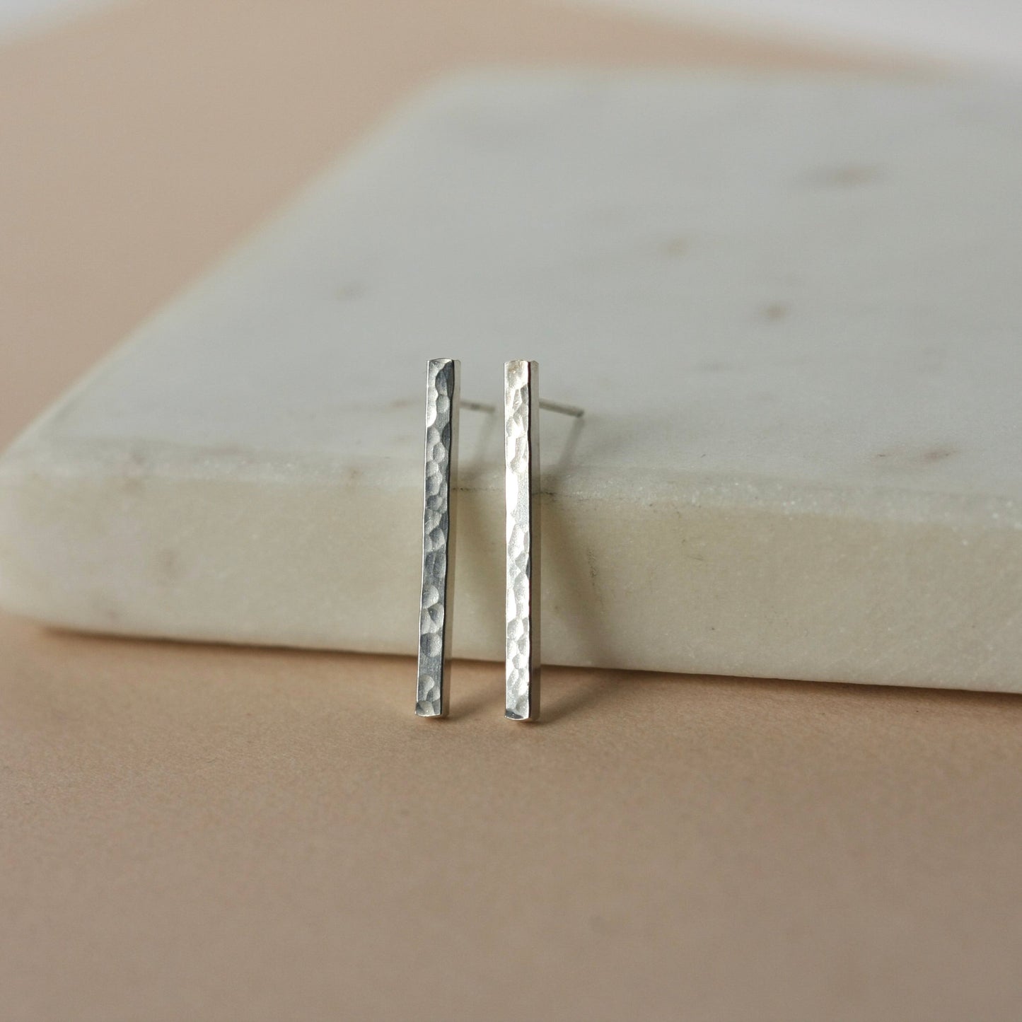 Long Hammered Sterling Silver Bar Studs