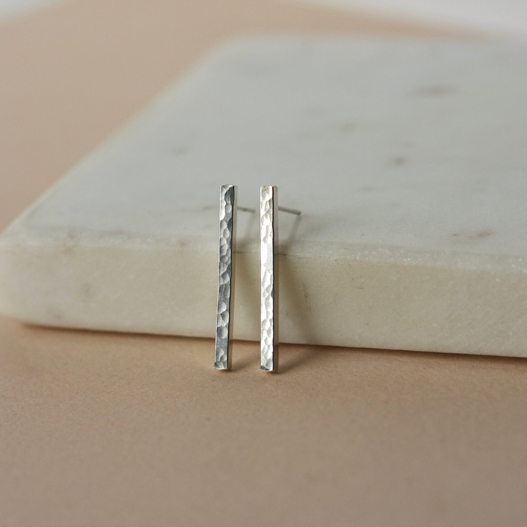 Long Hammered Sterling Silver Bar Studs