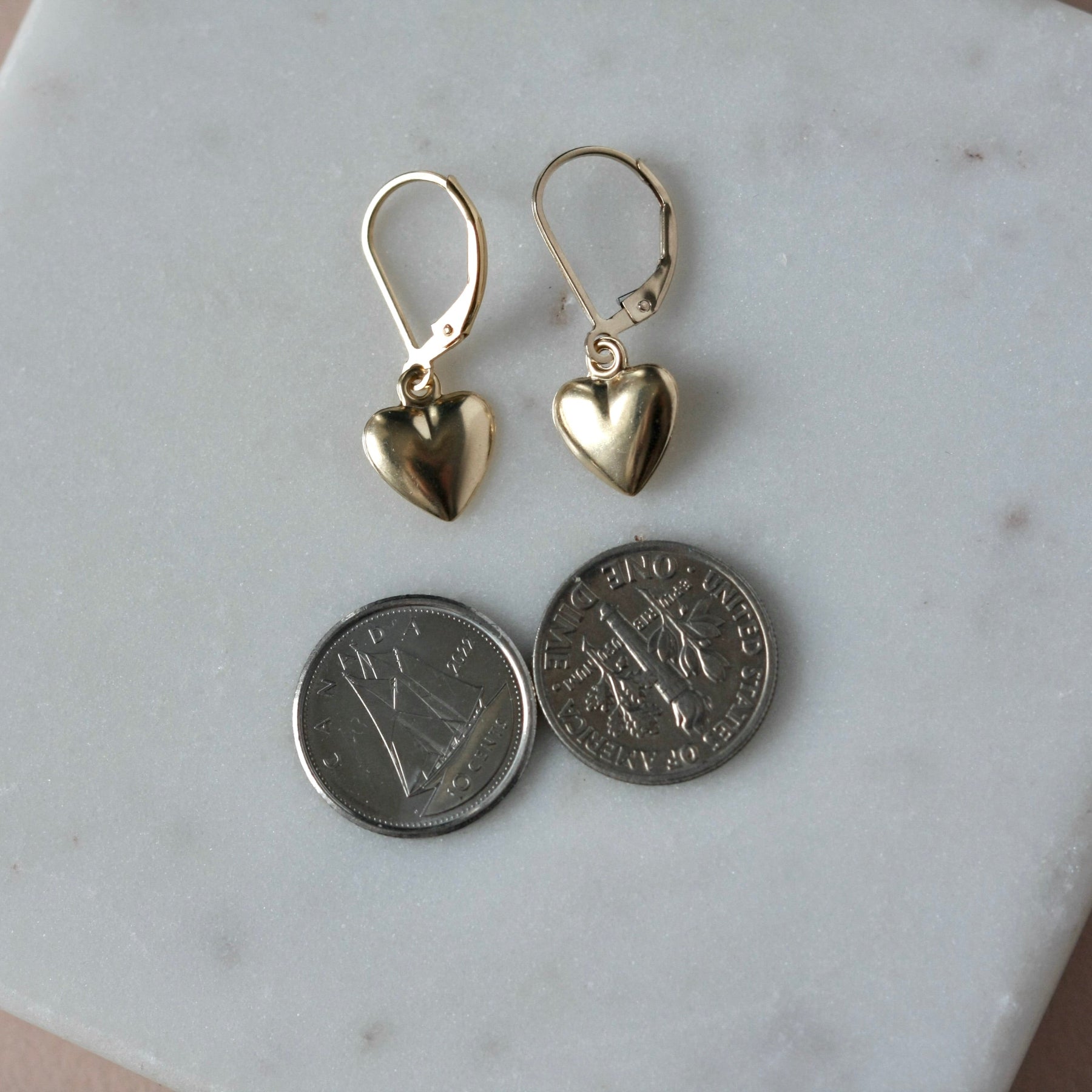 Gold Heart Lever Back Dangle Earrings