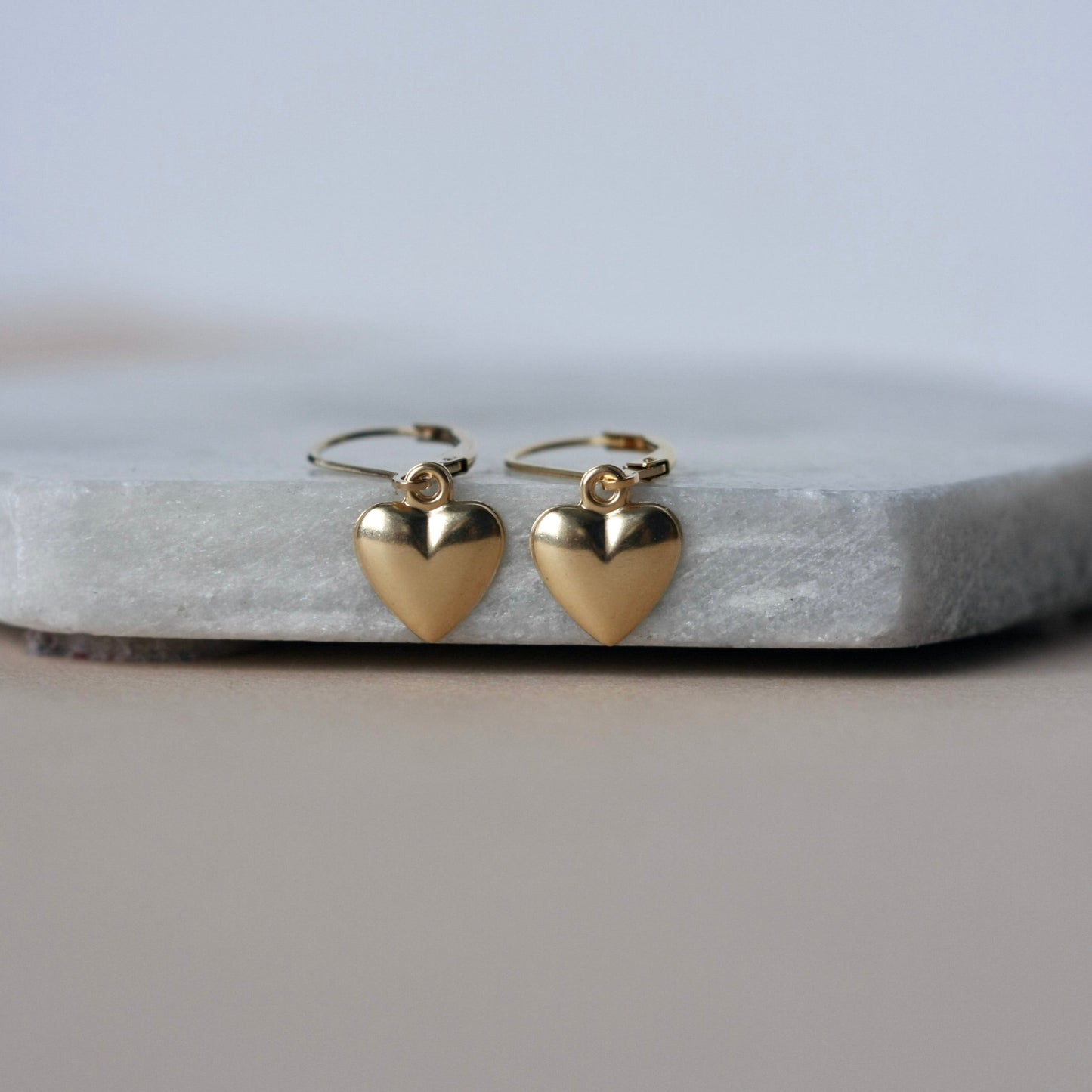Gold Heart Lever Back Dangle Earrings