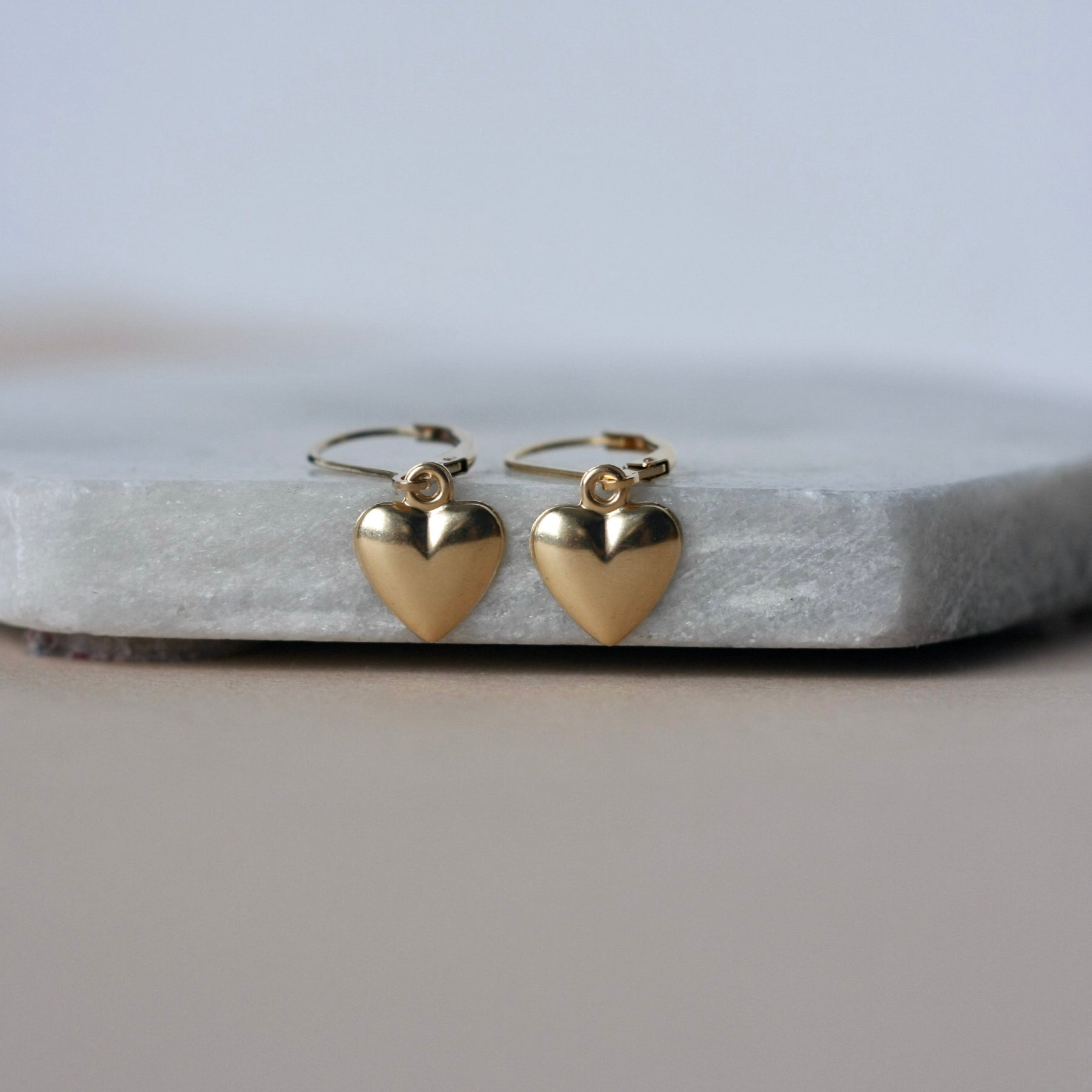 Gold Heart Lever Back Dangle Earrings