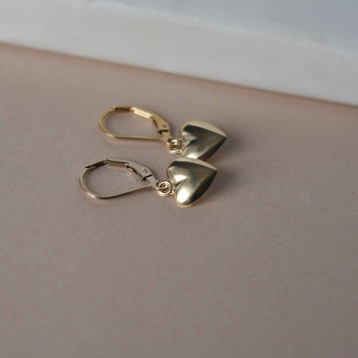 Gold Heart Lever Back Dangle Earrings