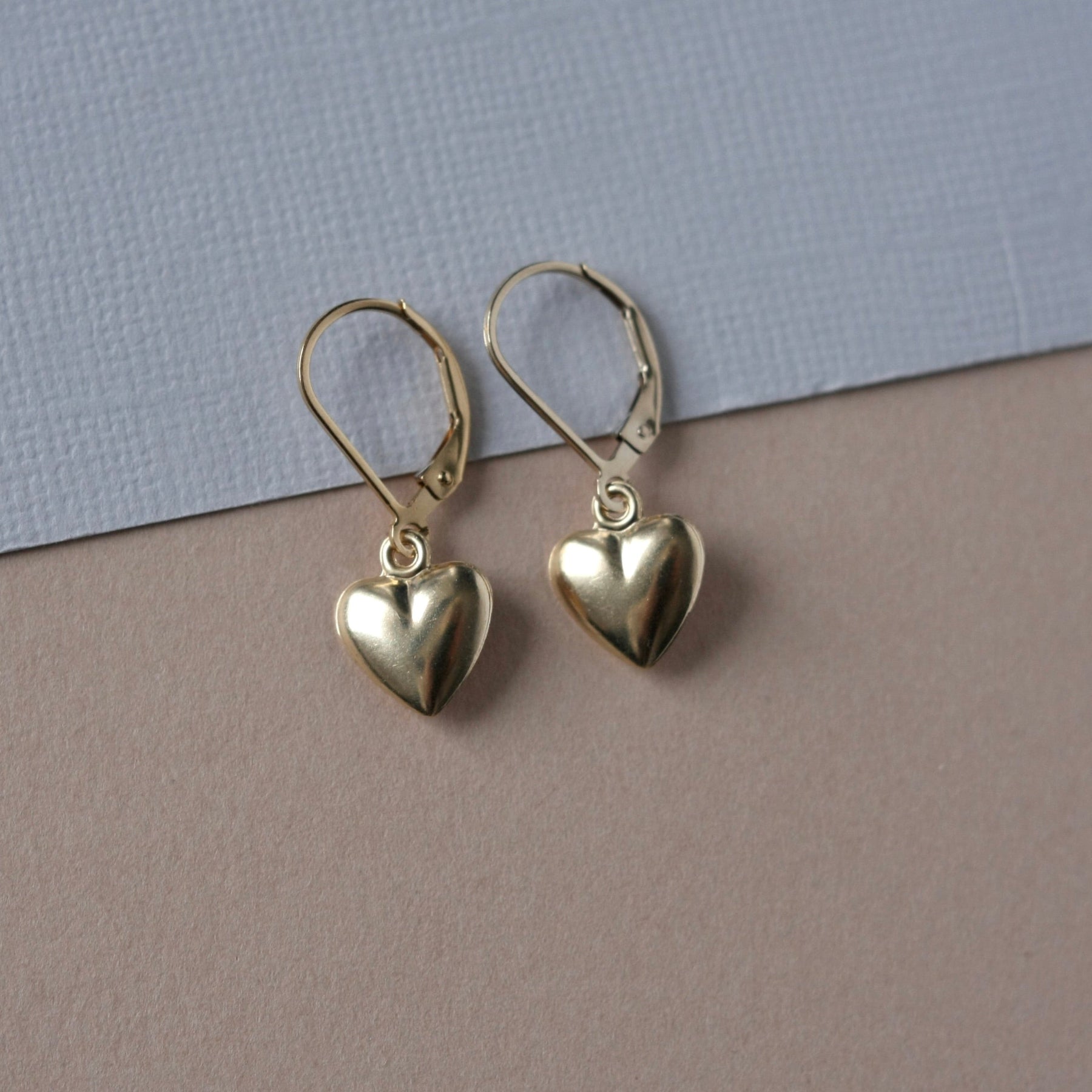 Gold Heart Lever Back Dangle Earrings