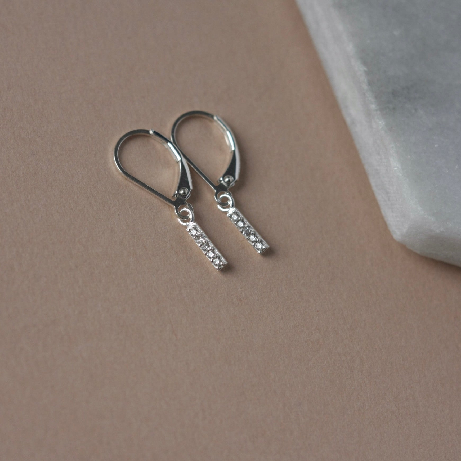 Tiny CZ Pave Bar Lever Back Earrings