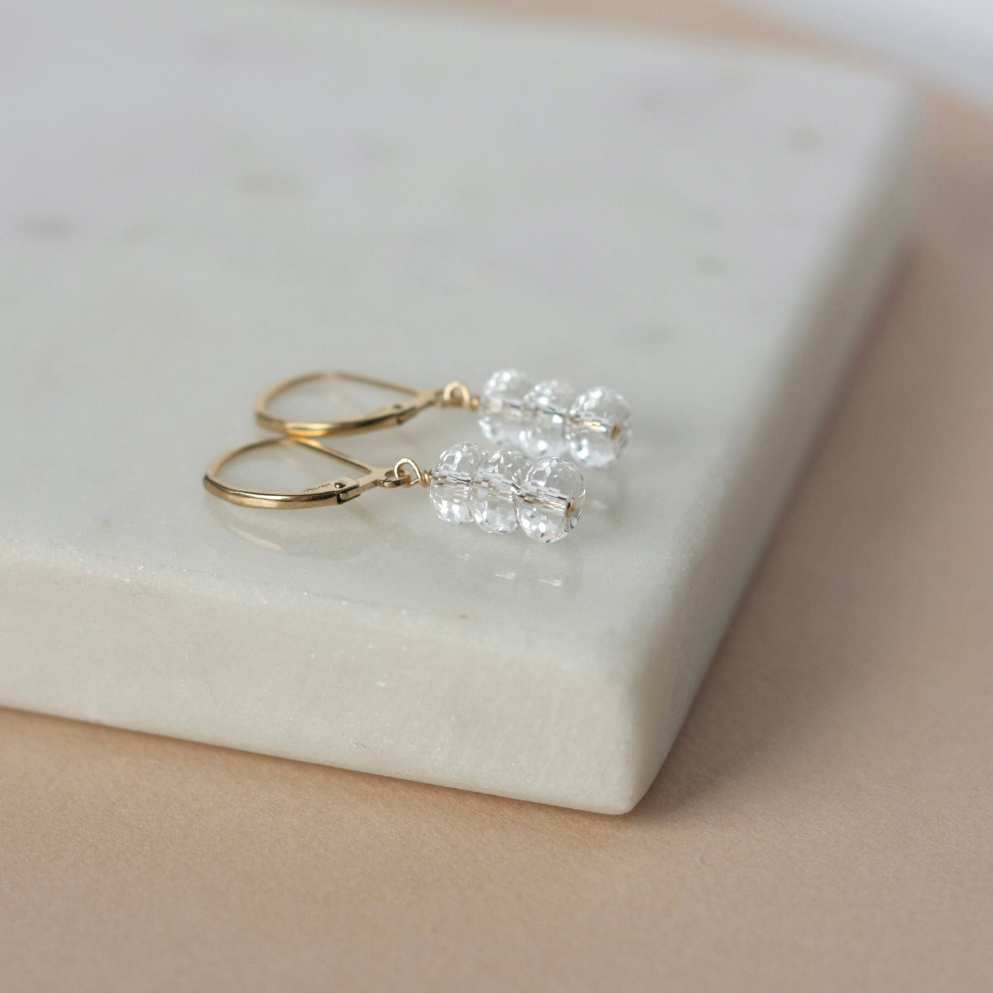 Gold Faceted Crystal Quartz Dangle Earrings