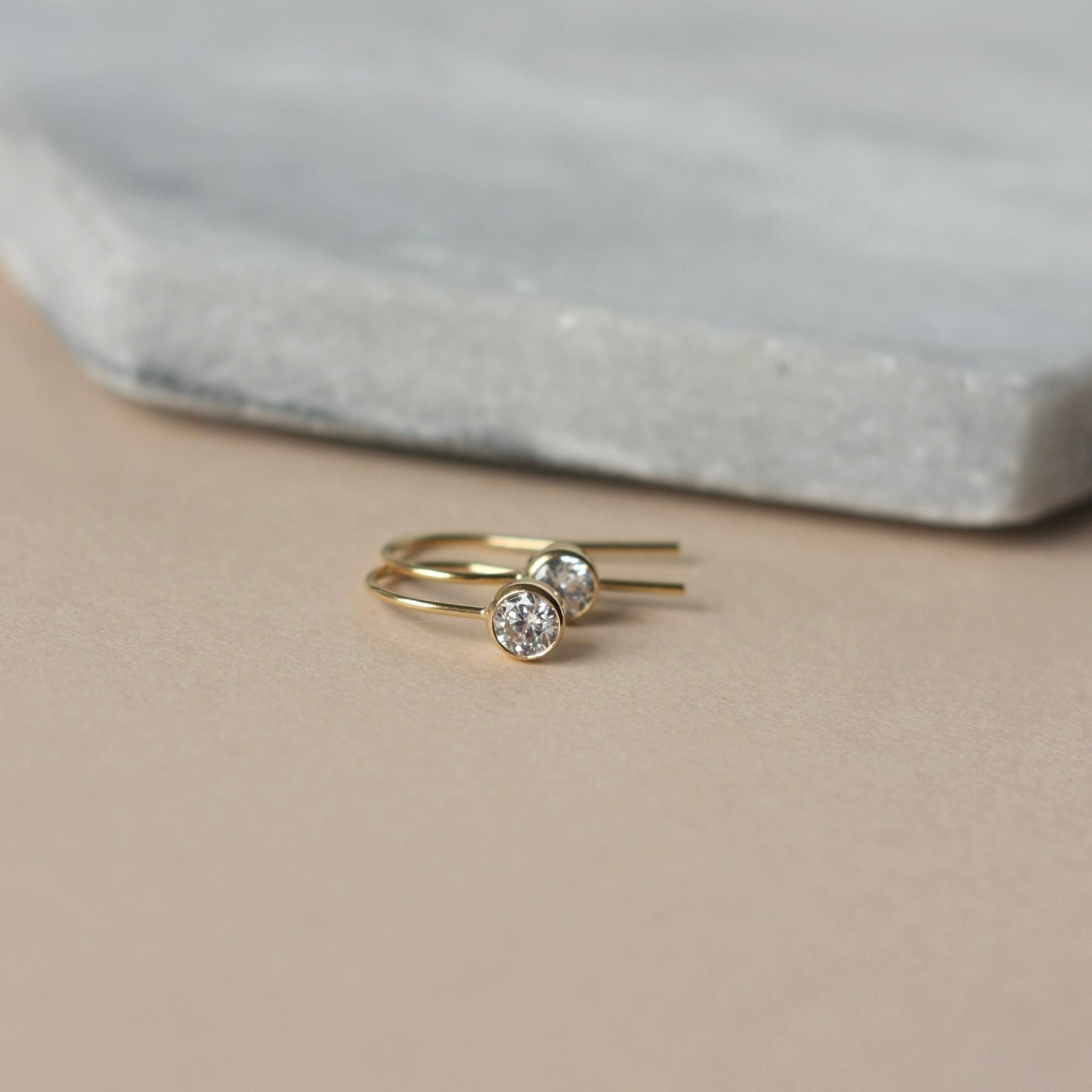 Round Gold CZ Solitaire Drop Earrings