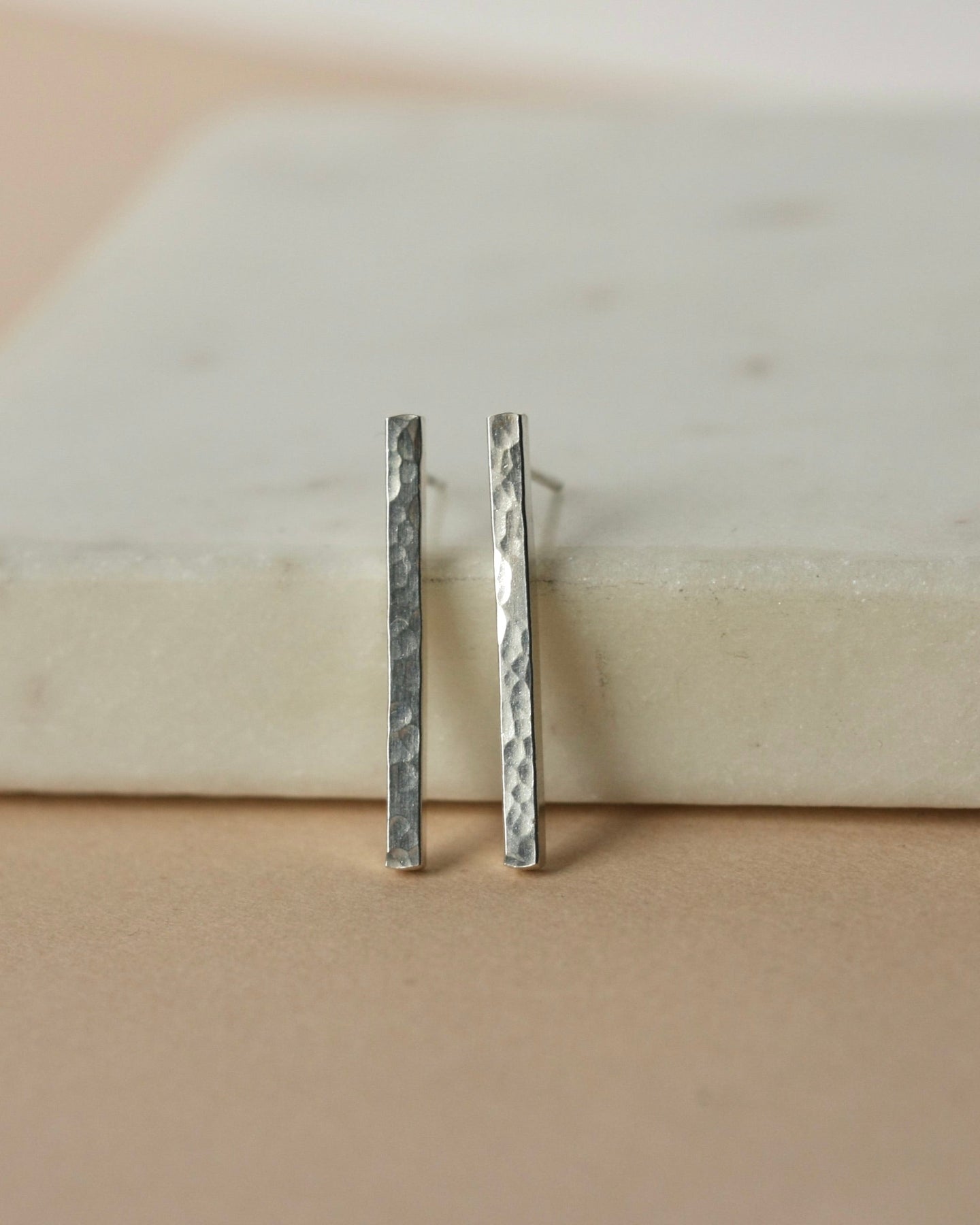 Long Hammered Silver Bar Studs