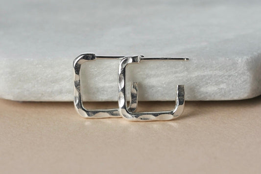 Hammered Sterling Silver Square Hoop Earrings