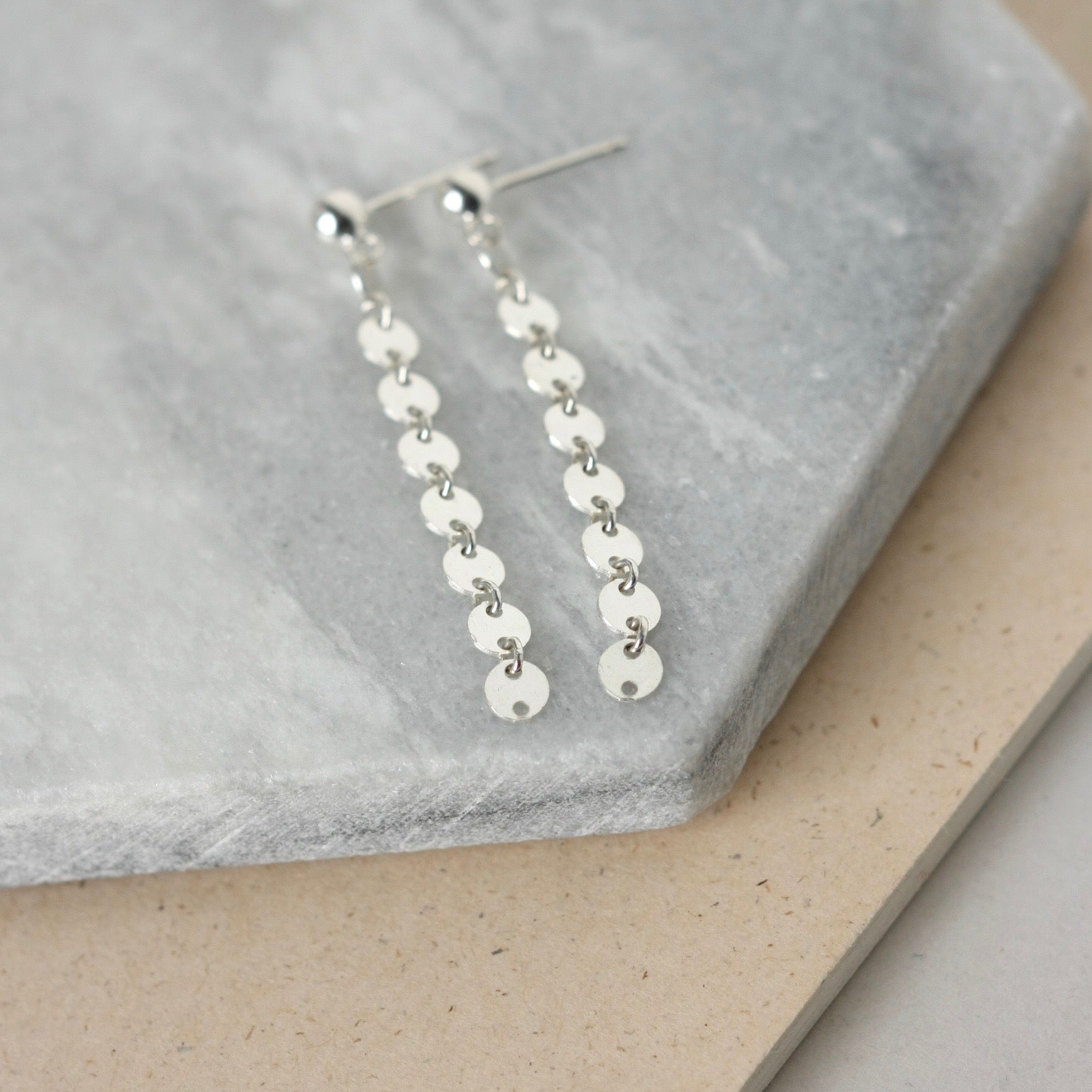 Long Sterling Silver Sequin Chain Disc Earrings