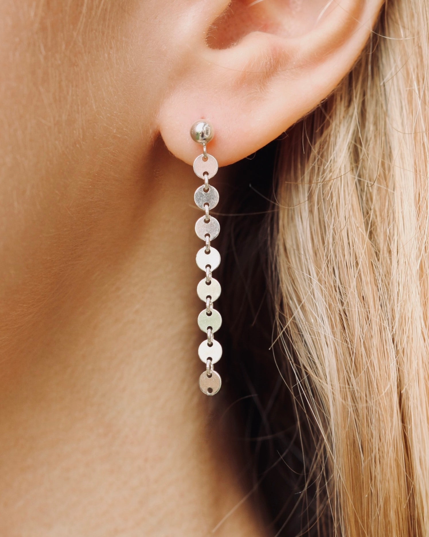 Long Sterling Silver Sequin Chain Disc Earrings
