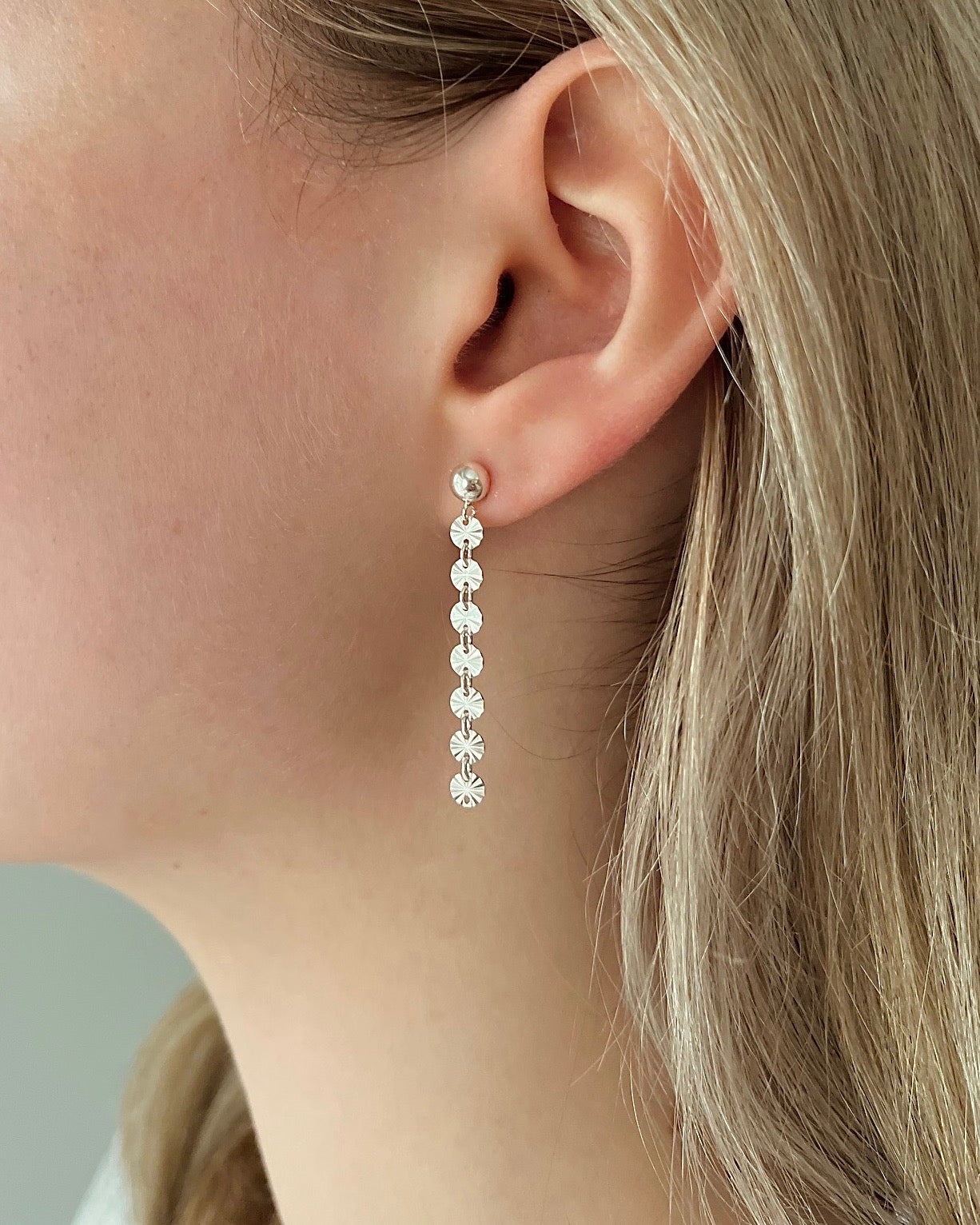 Long Sterling Silver Sequin Chain Earrings