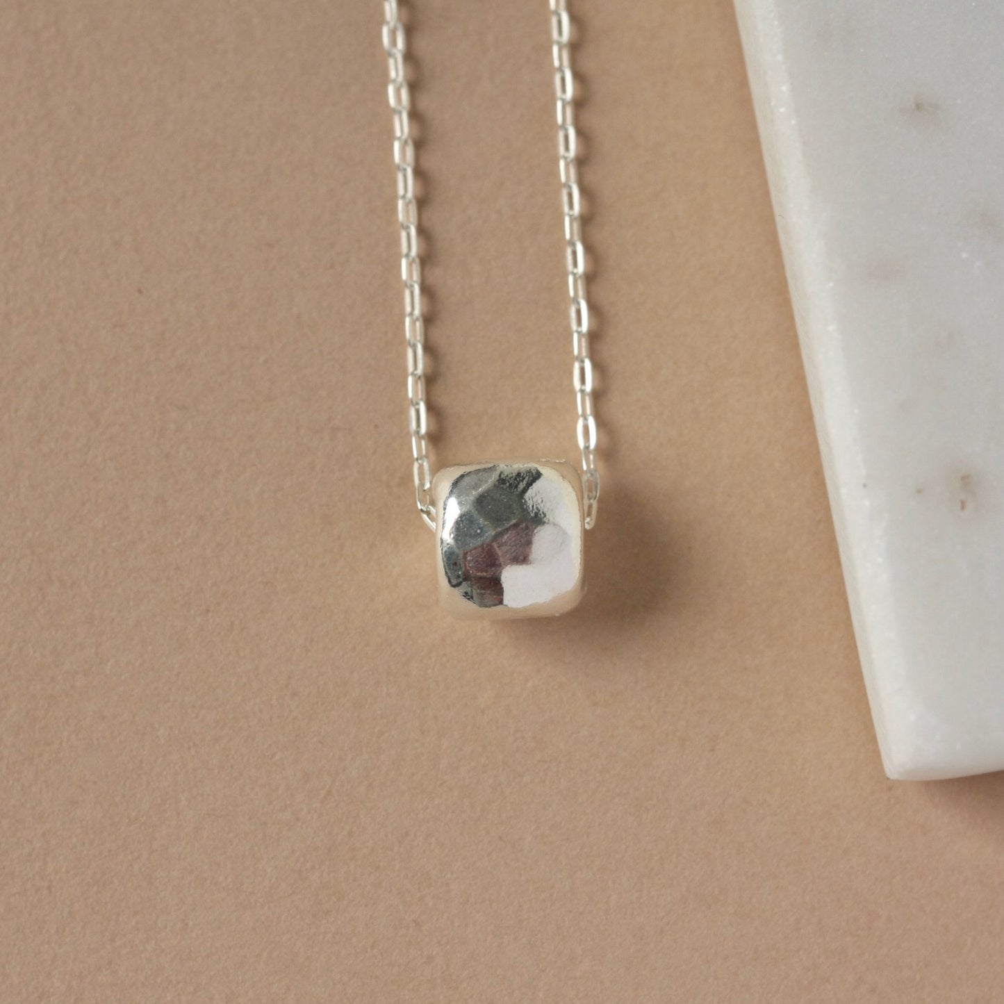 Hammered Sterling Silver Geometric Square Pendant Necklace