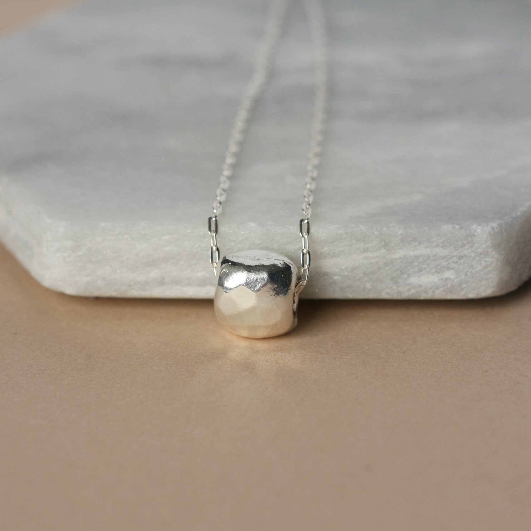 Hammered Sterling Silver Geometric Square Pendant Necklace